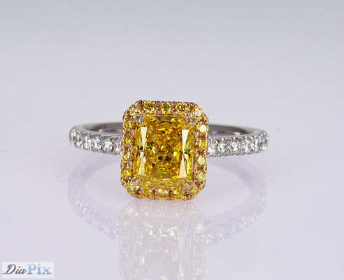 1.1ct Radiant Shape Fancy Vivid Yellow Lab Created Diamond Ring 18K Gold Set